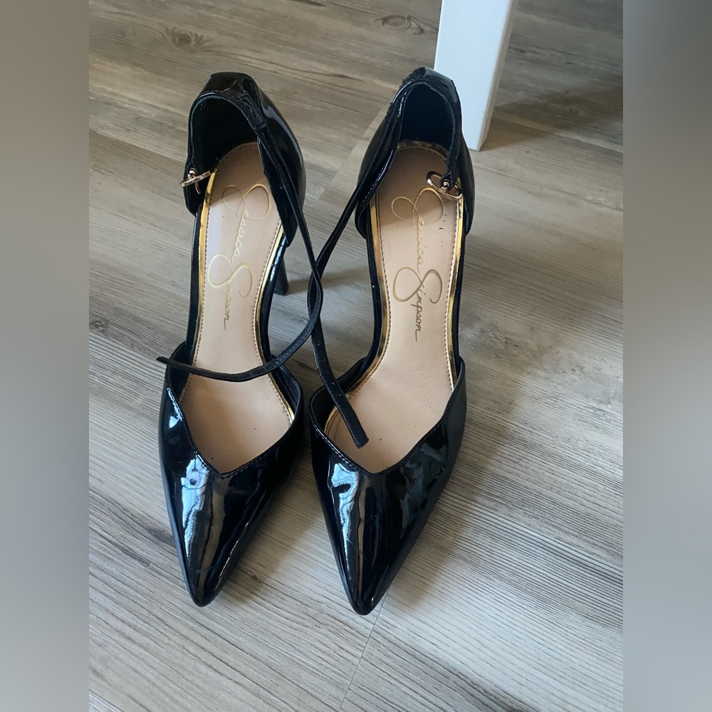 Jessica Simpson black patent leather pointed heels with ankle strap